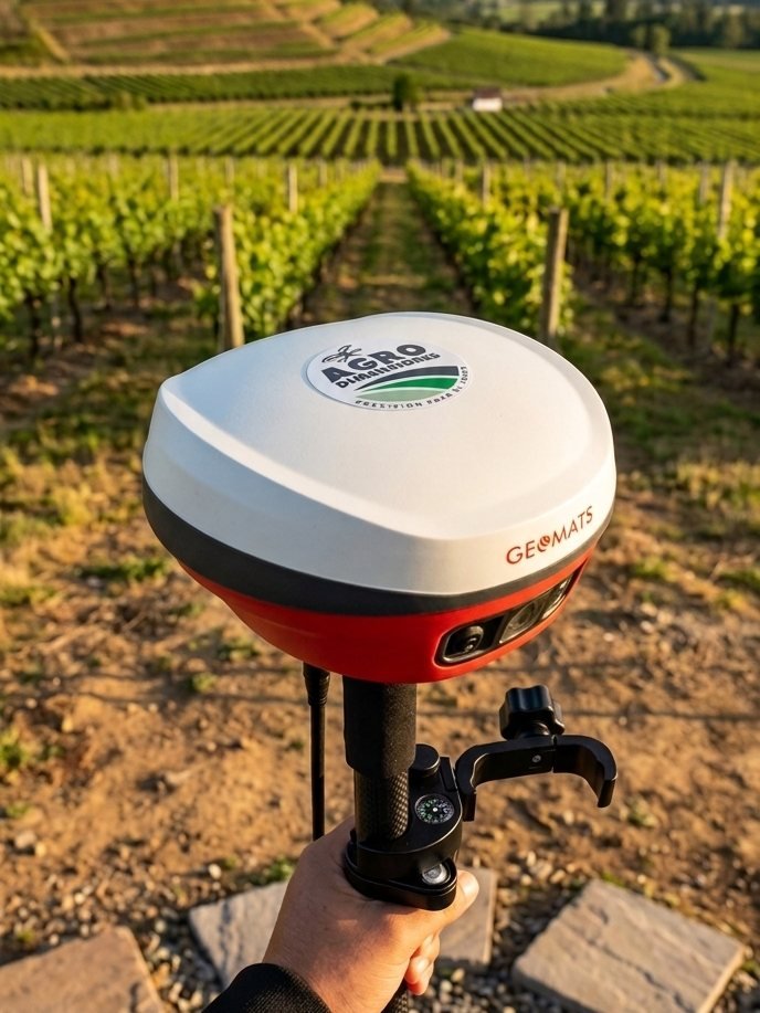 Un receptor GNSS con el logo de Agrodimensiones, montado sobre su jalón, frente a un cultivo en hileras al atardecer.