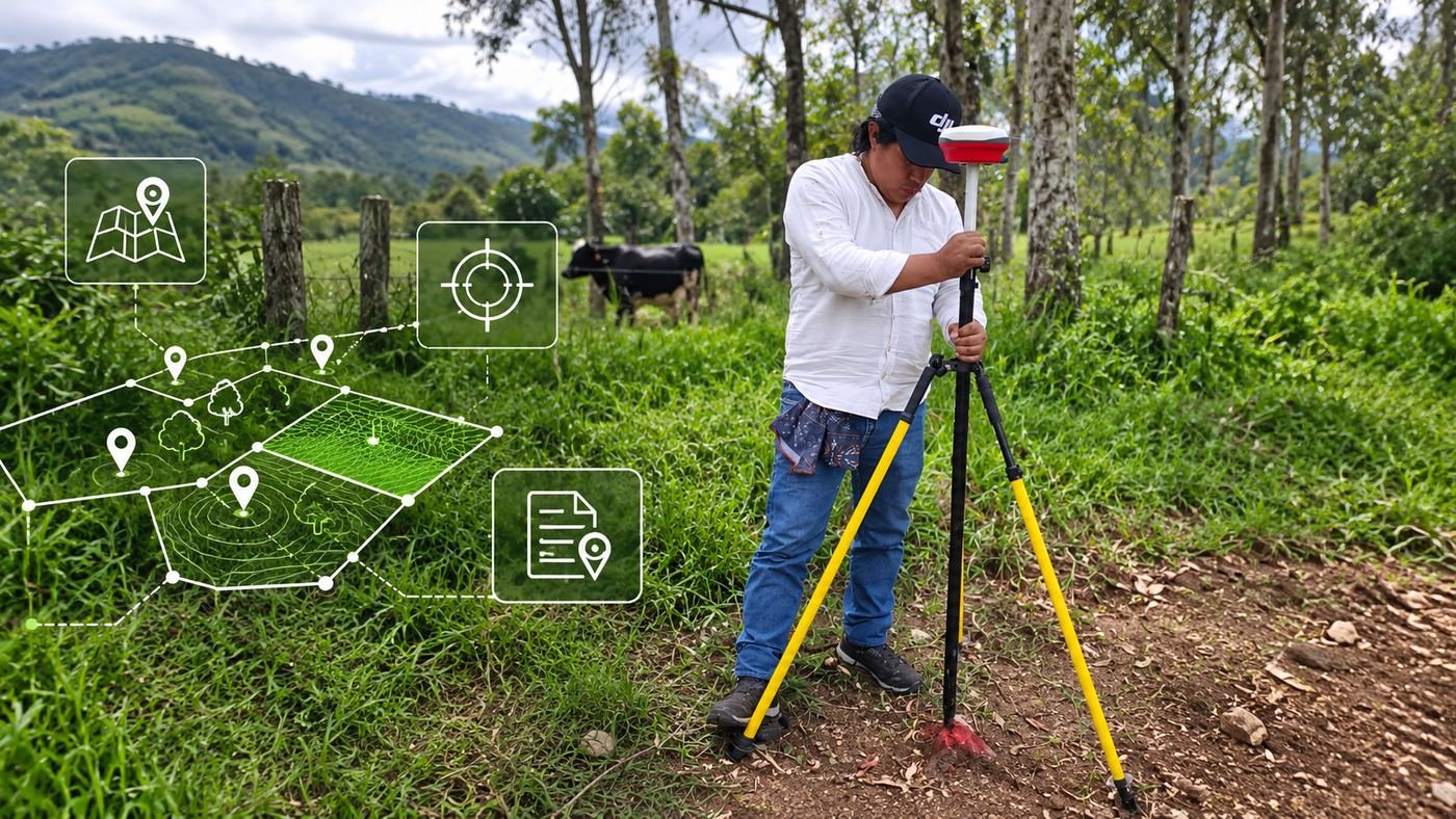 Un técnico de la empresa planta el receptor GNSS sobre su trípode en el potrero, con el ganado detrás.
