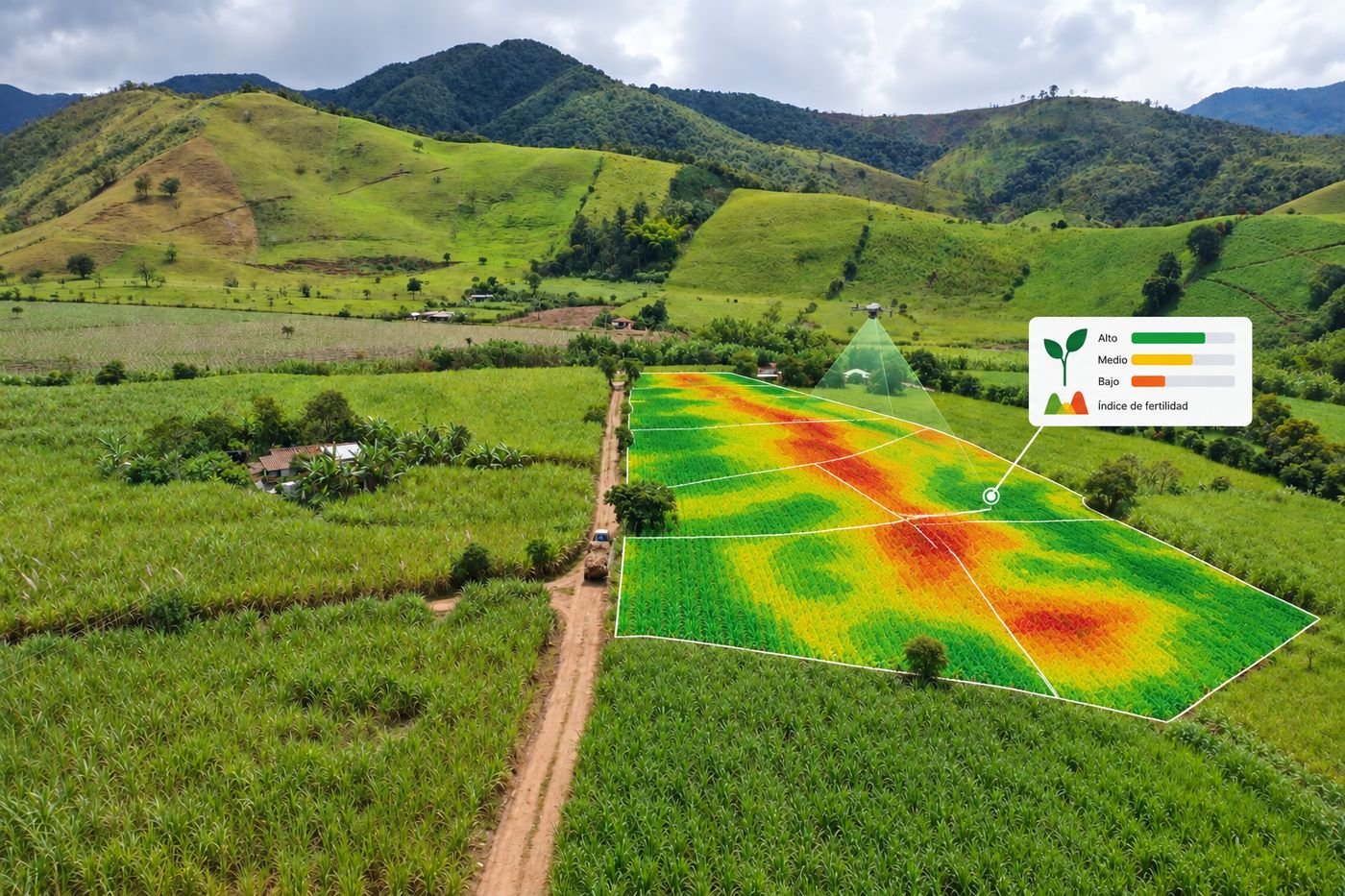Un lote desde el aire con el índice de fertilidad pintado encima —verde lo alto, amarillo lo medio, rojo lo bajo— y su convención al lado.
