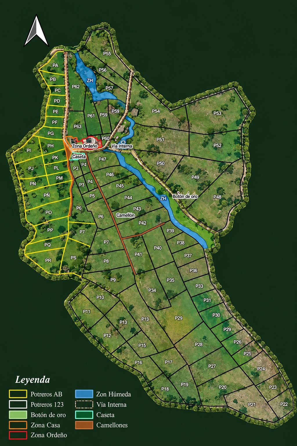 El plano de la finca repartida en potreros, unos numerados y otros marcados con letras, con la vía interna, la zona de ordeño, la caseta, las zonas húmedas y los camellones, cada cosa con su convención.