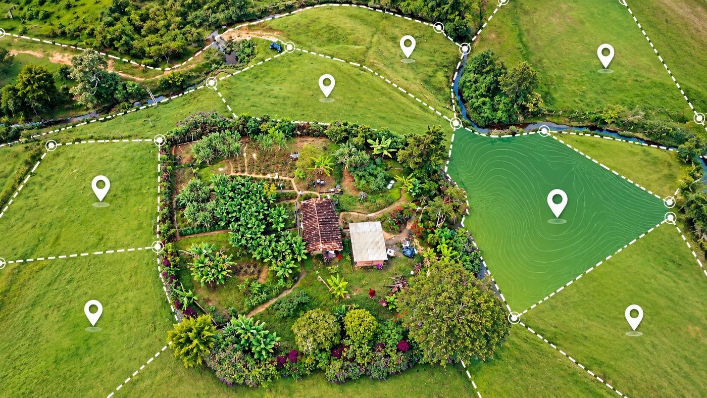 La finca desde el aire, con los linderos de cada lote dibujados en blanco y un lote resaltado con sus curvas de nivel.